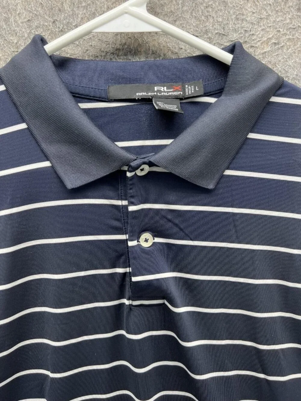 RLX Ralph Lauren Polo Shirt Mens Large Blue Striped Stretch Golf Performance